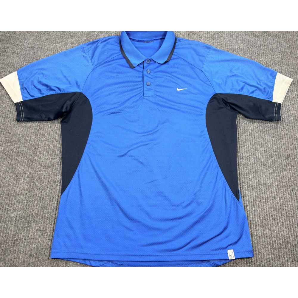 Nike Court Mens Blue Colorblock Tennis Polo Shirt Large Honeycomb Mesh 4358
